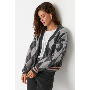 Trendyol Gray Soft-Textured, Diamond Patterned Knitwear Cardigan