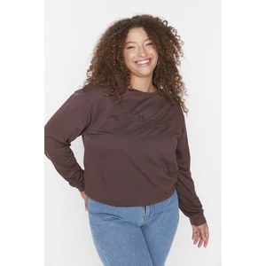 Trendyol Curve Brown Slogan Crew Neck Sweatshirt