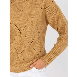 RUE PARIS camel openwork sweater with turtleneck