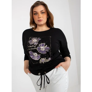 Dámská halenka plus size s 3/4 rukávy a potiskem - černá