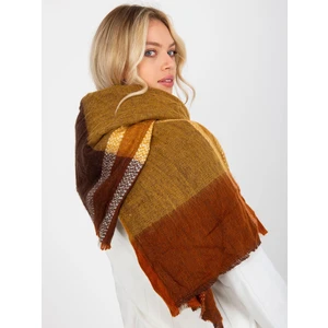 Large brown-yellow checkered scarf with wool