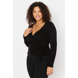 Trendyol Curve Black V-Neck Shirred Detailed Knitwear Sweater