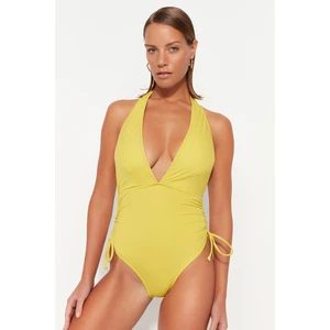 Trendyol Oil Green Deep-Decollete Pleated High Leg Swimsuit