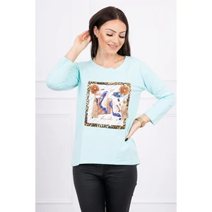 Blouse with graphics 3D and decorative pom pom mint