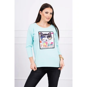 Blouse with cat graphics 3D mint