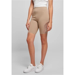 Women's high-waisted cycling shorts with lace insert, soft taupe