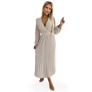 Pleated midi dress with a neckline, long sleeves and a wide Numoco belt