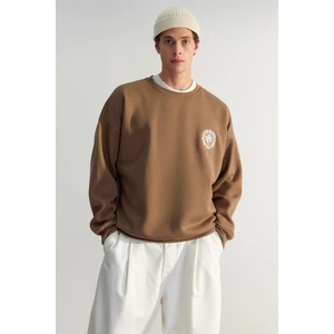 Trendyol Brown Oversize/Wide Cut Floral Embroidery Fleece/Warm Cotton Sweatshirt