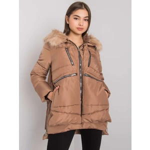 Women's camel winter jacket with a hood