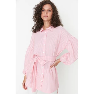 Trendyol Pink Striped Belted Balloon Back Sleeve Long Woven Shirt