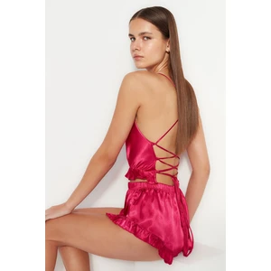 Trendyol Fuchsia Ruffle and Back Detail Satin Singlet-Shorts, Woven Pajamas Set