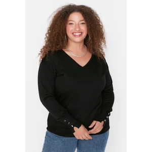 Trendyol Curve Black V-Neck Button Detailed Knitwear Sweater