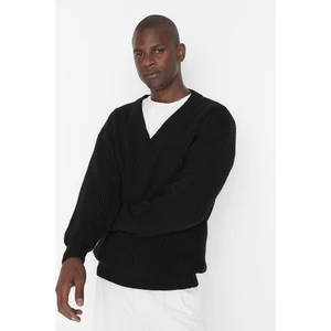 Trendyol Black Men's Oversize Fit Wide Fit V-neck Basic Knitwear Sweater