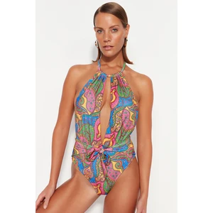 Trendyol Paisley Patterned Halterneck Connected Regular Leg Swimsuit