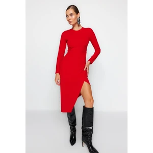 Trendyol Red Crewneck Knitted Midi Dress with a Slit Detail Fitted Body