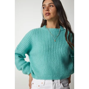 Happiness İstanbul Women's Water Green Basic Knitwear Sweater with Balloon Sleeves