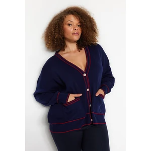 Trendyol Curve Navy Blue-Red Stripe Detailed Knitwear Cardigan