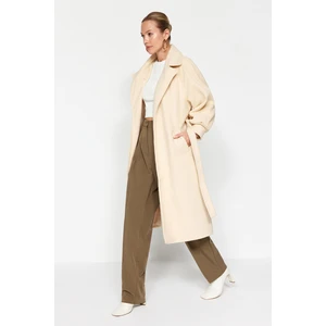 Trendyol Oversized Ecru Oversized Wide-Cut Belted Balloon Sleeve Detail Long Stamped Coat