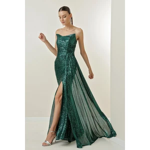 By Saygı Strapless Puffy-Plain Long Dress with Draping and Lined Front.