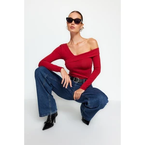 Trendyol Claret Red Cotton Knitted Blouse with Stretchy Ruffles, Fitted Crop