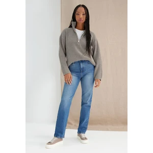 Trendyol Dark Blue High Waist Long Comfort Straight Jeans