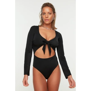 Trendyol Black Long Sleeve Tie Detailed Surf Themed Swimsuit