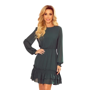 336-2 Chiffon dress with gathered elastic bands - BOTTLE GREEN