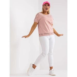 Dusty pink plus size blouse with text on the sleeves