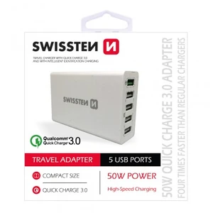 Gyorstöltés Swissten Smart IC 50W támogatással QuickCharge 3.0 és 5 USB konektorral, fehér