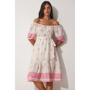 Happiness İstanbul Women's Pink Cream Patterned Carmen Collar Summer Linen Dress