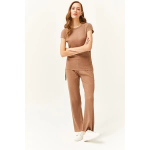 Olalook Women's Mink Gathered Blouse Palazzo Trousers Suit