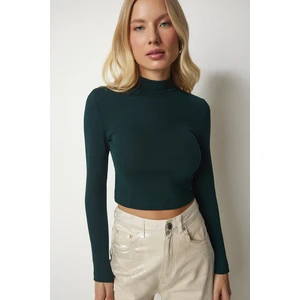 Happiness İstanbul Women's Emerald Green High Neck Ribbed Camisole Crop Blouse