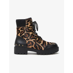 Brown Leather Ankle Boots with Leopard Pattern Desigual Biker Le - Ladies