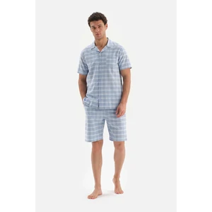 Dagi Light Blue Shirt Collar Plaid Woven Shorts Pajamas Set