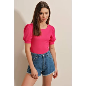 Bigdart 0468 Button Detailed Knitted Blouse - Fuchsia