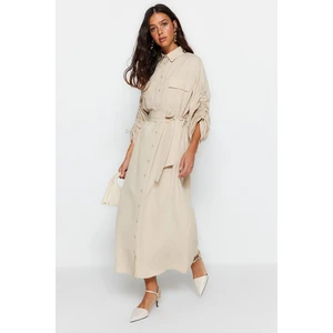 Trendyol Beige Knitted Cotton Shirt Dress With Adjustable Detailed Sleeves With Belt