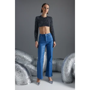 Trendyol Blue Shiny Metallic Printed High Waist Flare Jeans