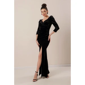 By Saygı Pleated Slit Long Velvet Dress