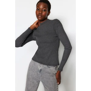 Trendyol Dark Anthracite Fitted/Situated Collar Long Sleeve Ribbed Stretch Knit Blouse