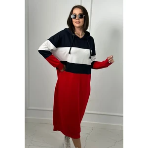 Three-color hooded dress dark blue + white + red