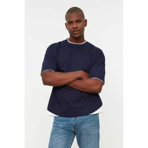 Trendyol Navy Blue Men's Oversize Fit 100% Cotton Crew Neck Short Sleeve Paneled T-Shirt