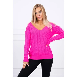 Braided sweater with V-neck pink neon