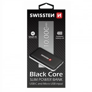 Powerbank Swissten Slim Black Core 10000 mAh USB-C bemenettel és intelligens töltéssel, fekete