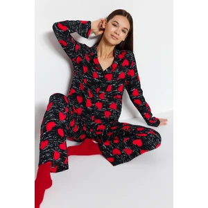 Trendyol Black Heart Viscose Shirt-Pants Woven Pajama Set