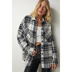 Happiness İstanbul Women's Black and White Patterned Oversize Stamp Lumberjack Shirt