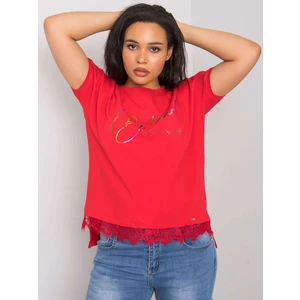 Plus size red cotton blouse with lace