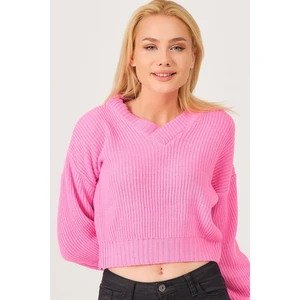 Z3034 DEWBERRY WOMEN'S V-NECK SWEATER-PINK