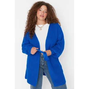 Trendyol Curve Blue Balloon Sleeve Belt Detailed Long Knitwear Cardigan