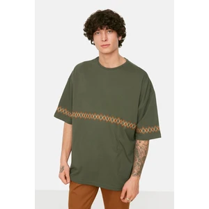 Trendyol Khaki Men's Oversize Crew Neck Short Sleeve Embroidered T-Shirt