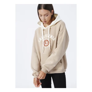 Koton Women's Beige Printed Hoodie with a Collar Sweatshirt. 3WW10010K